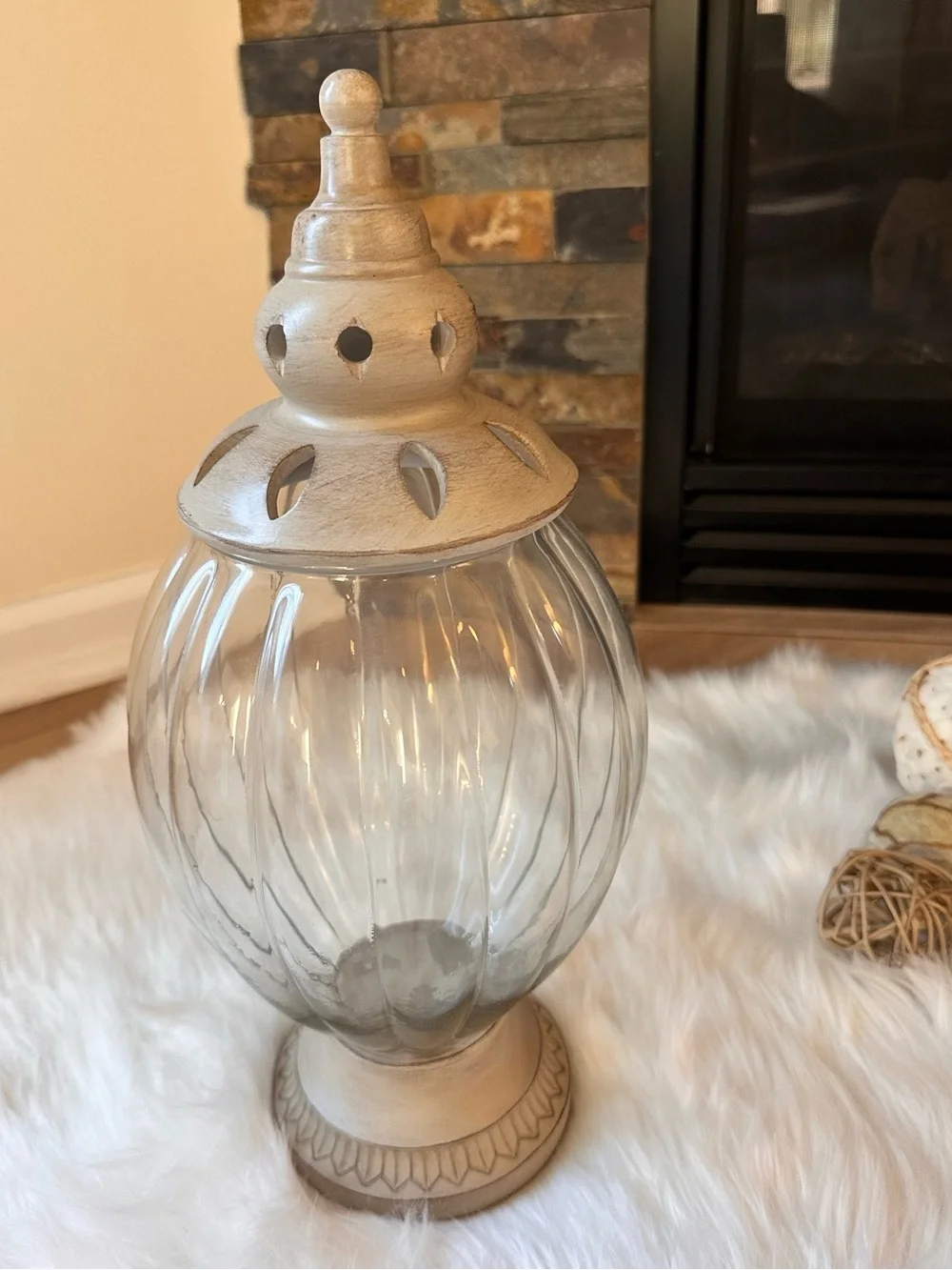 Decorative Glass Apothecary Jar with Lid & Neutral Decorative Balls— Decor